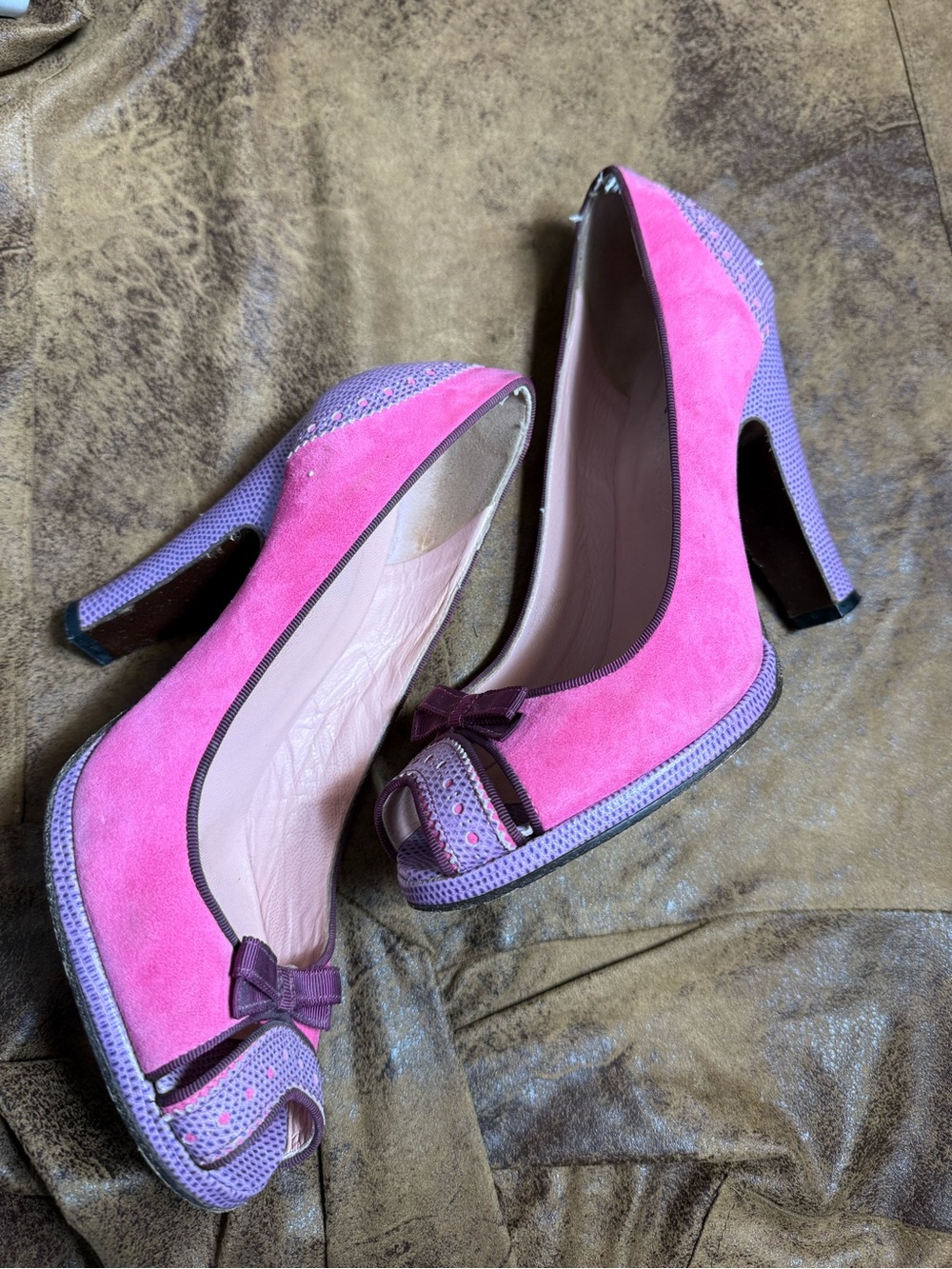 19. Marc Jacobs Pink and Purple Suede Peep-Toe Pumps with Bow